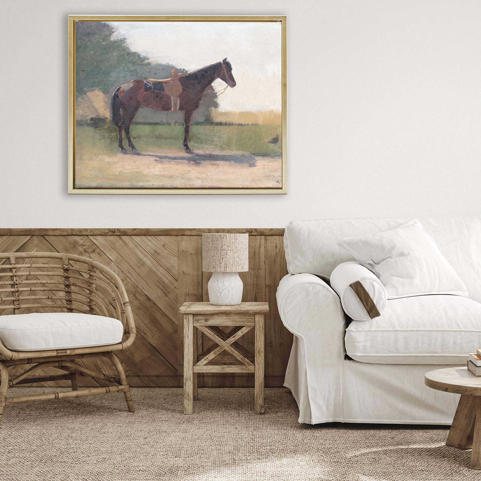 Stupell Industries Saddled Horse in Farm Yard Gold Framed Floater Canvas Wall Art, design by Stellar Design Studio