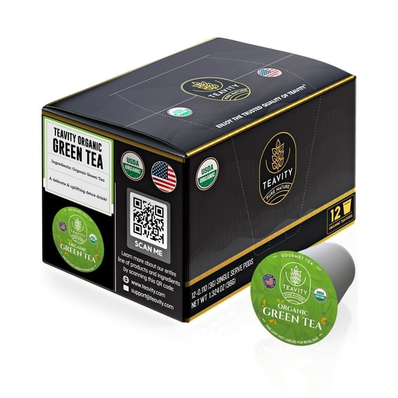 Organic Green Tea Pods for Keurig Brewers by Teavity - Naturally Caffeinated Green Tea, 12 Tea Pods