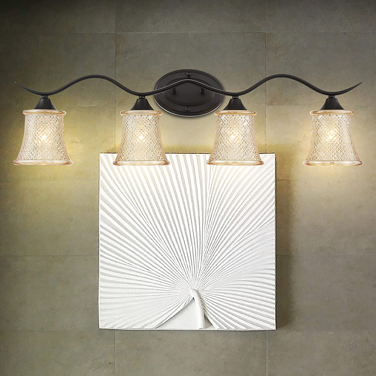 Vanity Art Elegant Cut Crystal Glass 4 Lights Dimmable Matte Black Vanity Light for Mirror Hallway Living Room | Modern Wall Lighting with Clear Glass Shade Bathroom Light Fixtures W2004BK/CH-B02