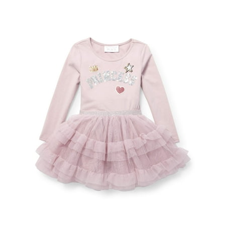 - Baby And Toddler Girls Long Sleeve Sequin 'Princess' Patch Knit-To-Woven Ruffle Dress