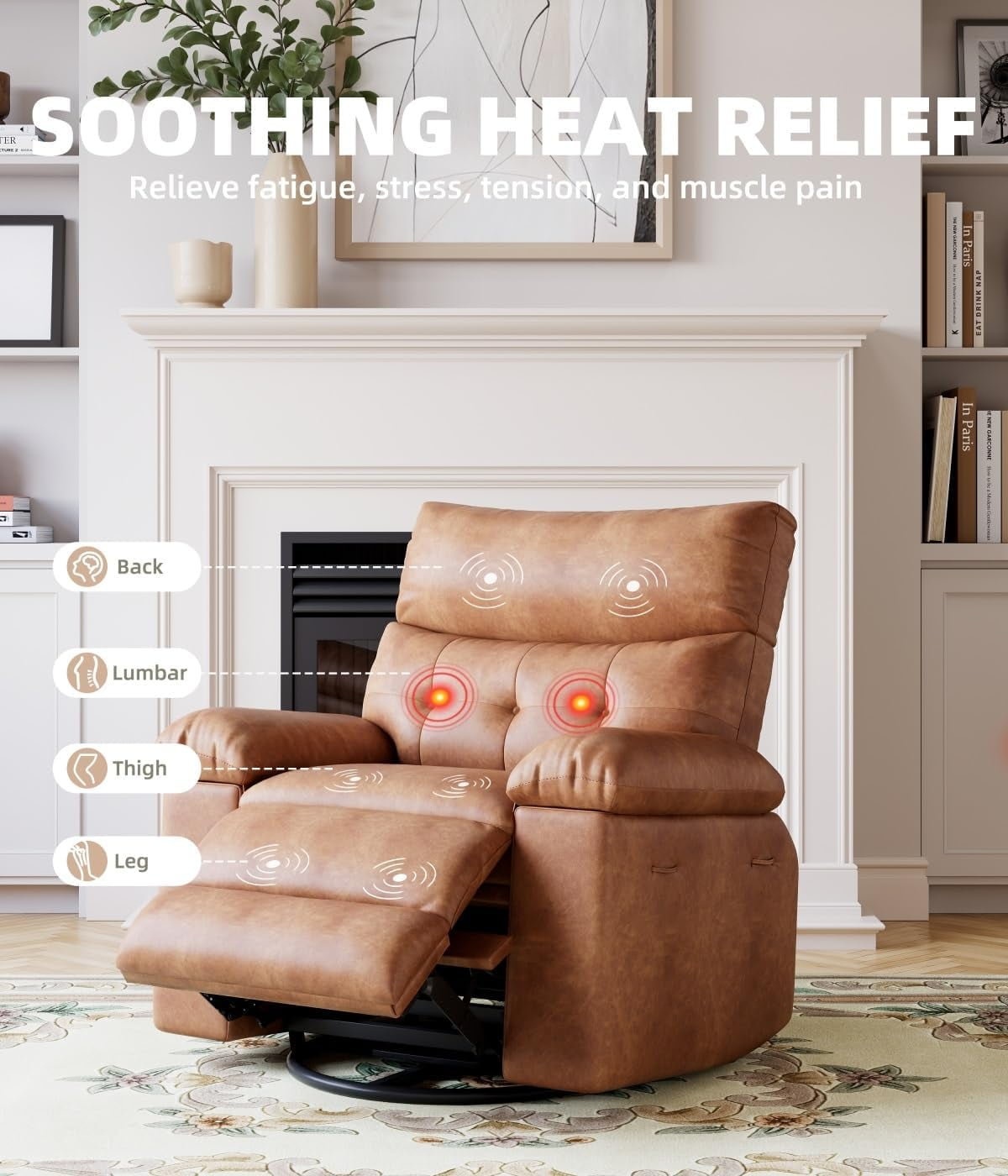 Oversized Recliner Chairs with Massage and Heat - 360° Swivel Lazy Rocking Chair for Adults with Remote Control for Living Rooms, Bedrooms and Nurseries - Coffee