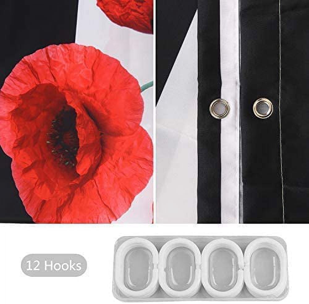 Floral Shower Curtain Flower Shower Curtain Shower Curtain Stripe Poppy Shower Curtain Black and White Striped Shower Curtains Set with Hooks Red and White Shower Curtains for Bathroom, 72" Wx72 H