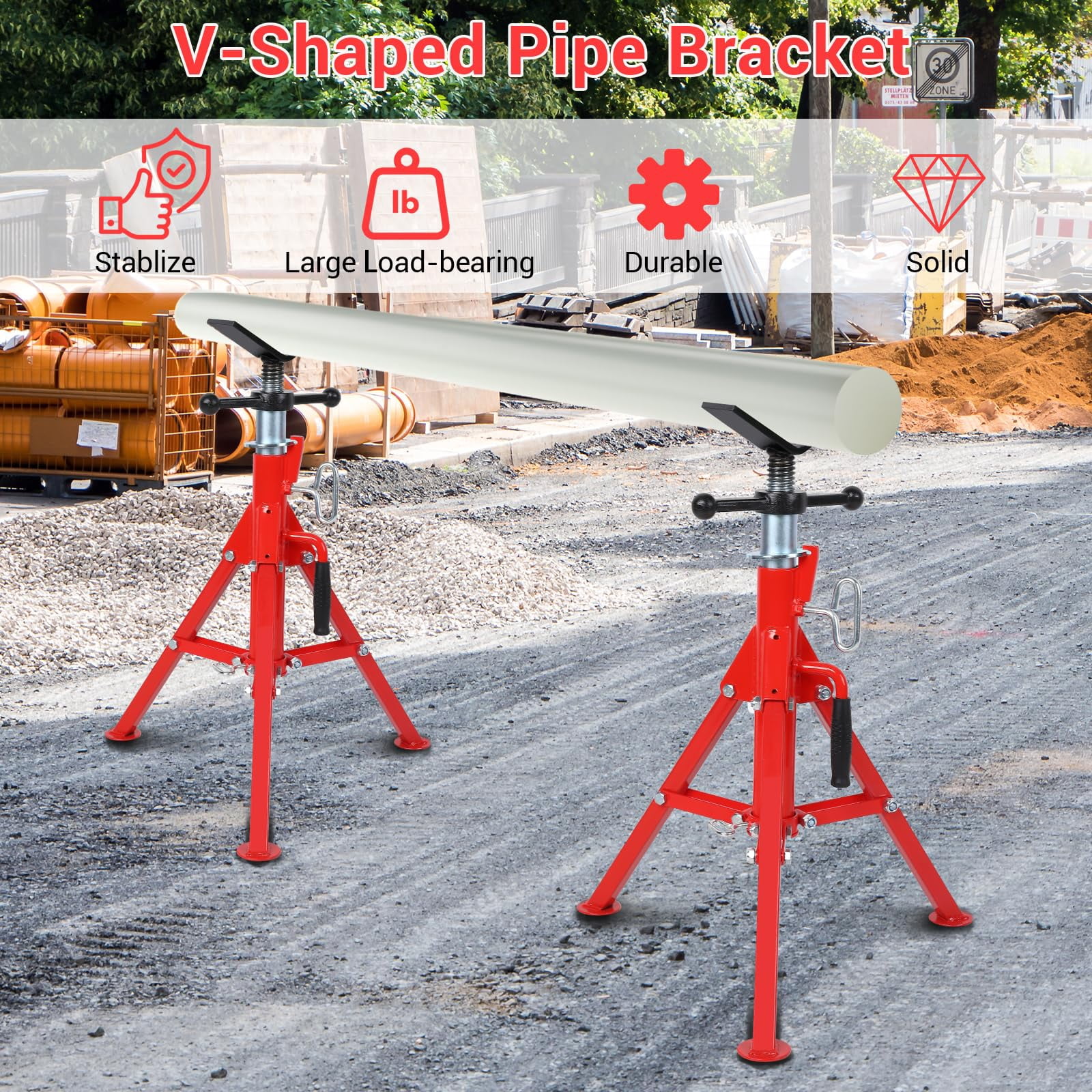 Heavy-Duty Pipe Stand, Adjustable Folding v-Head Pipe Jack Stand | 2500 Lbs Load Capacity |Suitable for 1/2“ to 12” Pipes 28“ to 52” | Ideal for Welding, Automotive, and Construction Projects