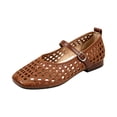 thumbnail image 3 of pwidon Breathable Hollow Mary Jane Flat Shoes for Women, Adjustable Buckle Strap Square Toe Casual Comfort Dress Flats for Summer Brown 36, 3 of 5