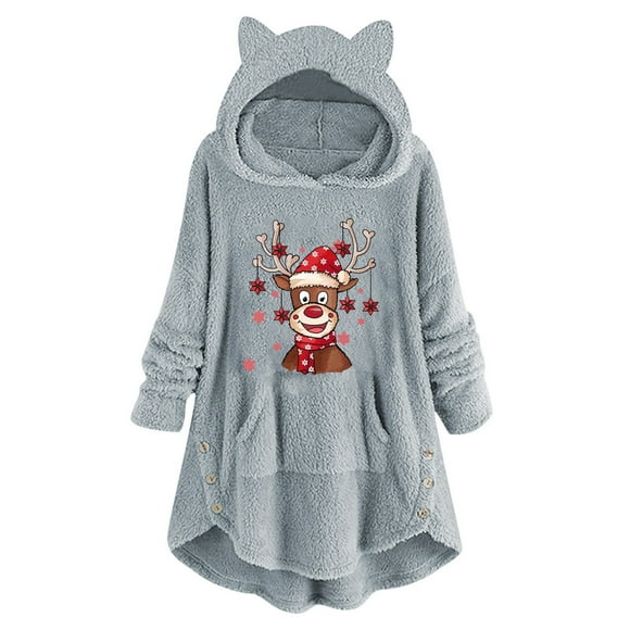 jsaierl Long Hoodies for Teen Girls Long Sleeve Cat Ear Sweater Plush Christmas Pattern Buttons Crewneck Sweatshirt Kangaroo Pocket Pullover Coat