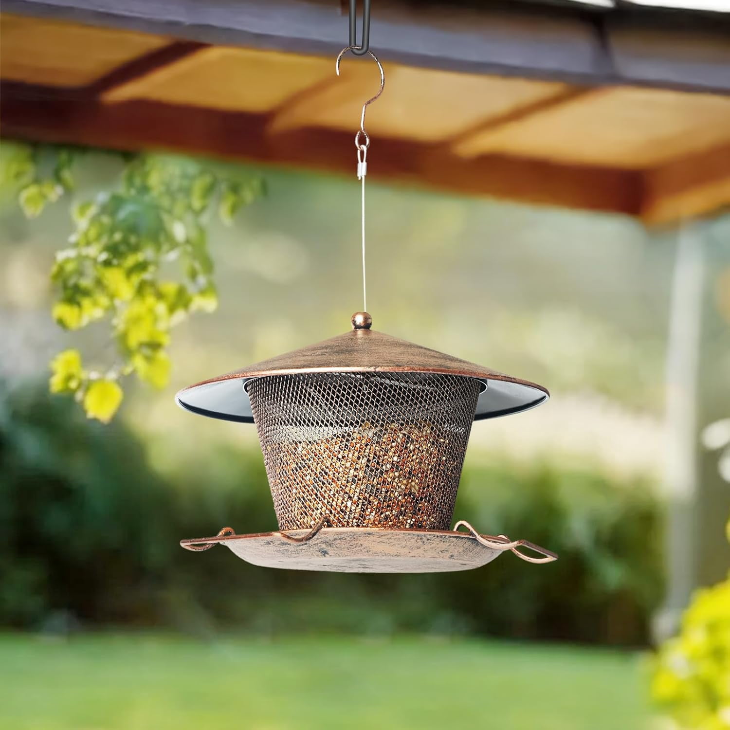Samhe Bird Feeder for Outdoor, Metal Hanging Wild Bird Feeder with 9.8" Roof 3 lbs Seeds Capacity