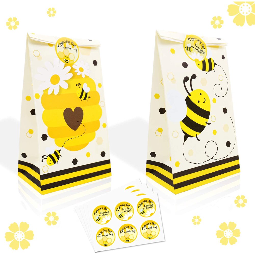 24 Pack Honey Bee Party Candy Favor Bags with Thank You Stickers