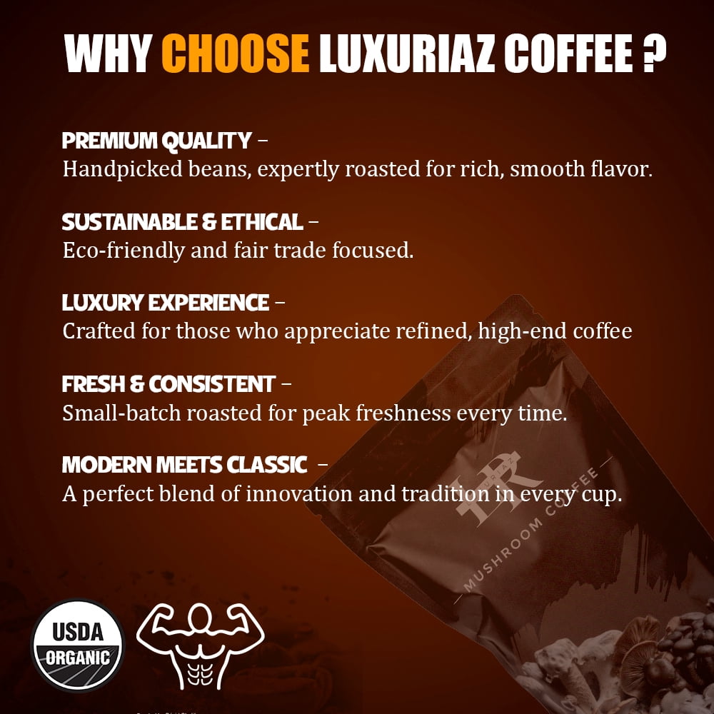 Luxuriaz Instant Mushroom Coffee (30 Servings) – USDA Organic 6-Mushroom Blend with Lion's Mane, Reishi & Cordyceps for Focus, 180g