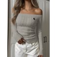 thumbnail image 3 of Womens Off Shoulder Sweater Tops Long Sleeve Asymmetrical Hem Pullover Sweater Ribbed Knitted Slim Fit Sweaters, 3 of 4