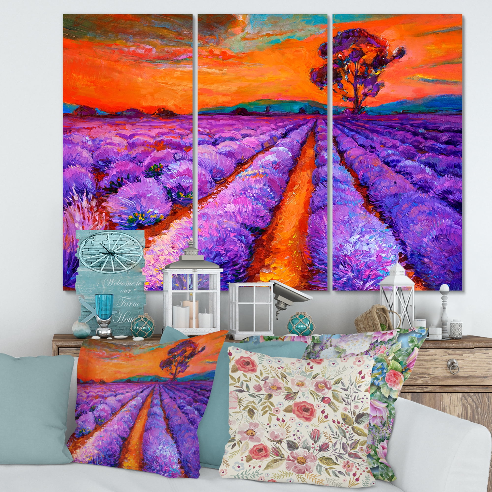 Designart ' An Orange Sunset Over Purple Lavender Fields I ' Farmhouse Canvas Wall Art Print