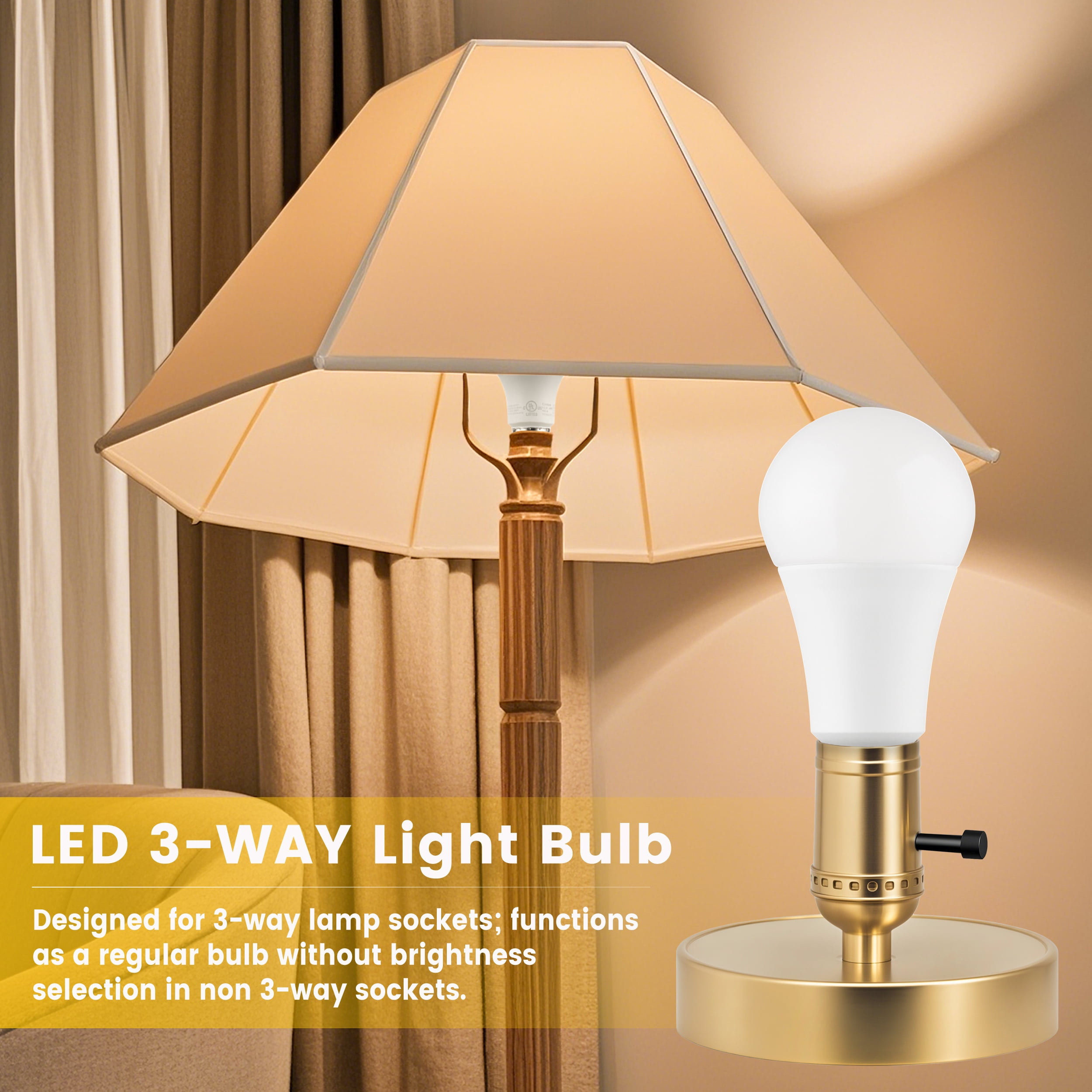 Great Value A21 LED 6/12/19W (60/100/150W Equivalent) Tunable Soft White E26 Medium Base 3-Way Light Bulb