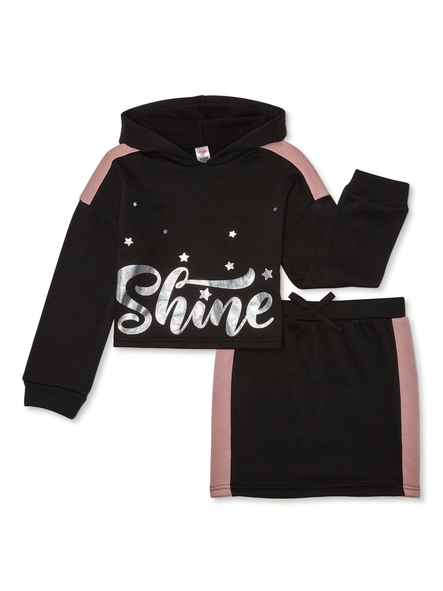 Pink Velvet Girls Hooded Sweatshirt and Matching Skirt, 2Piece Outfit