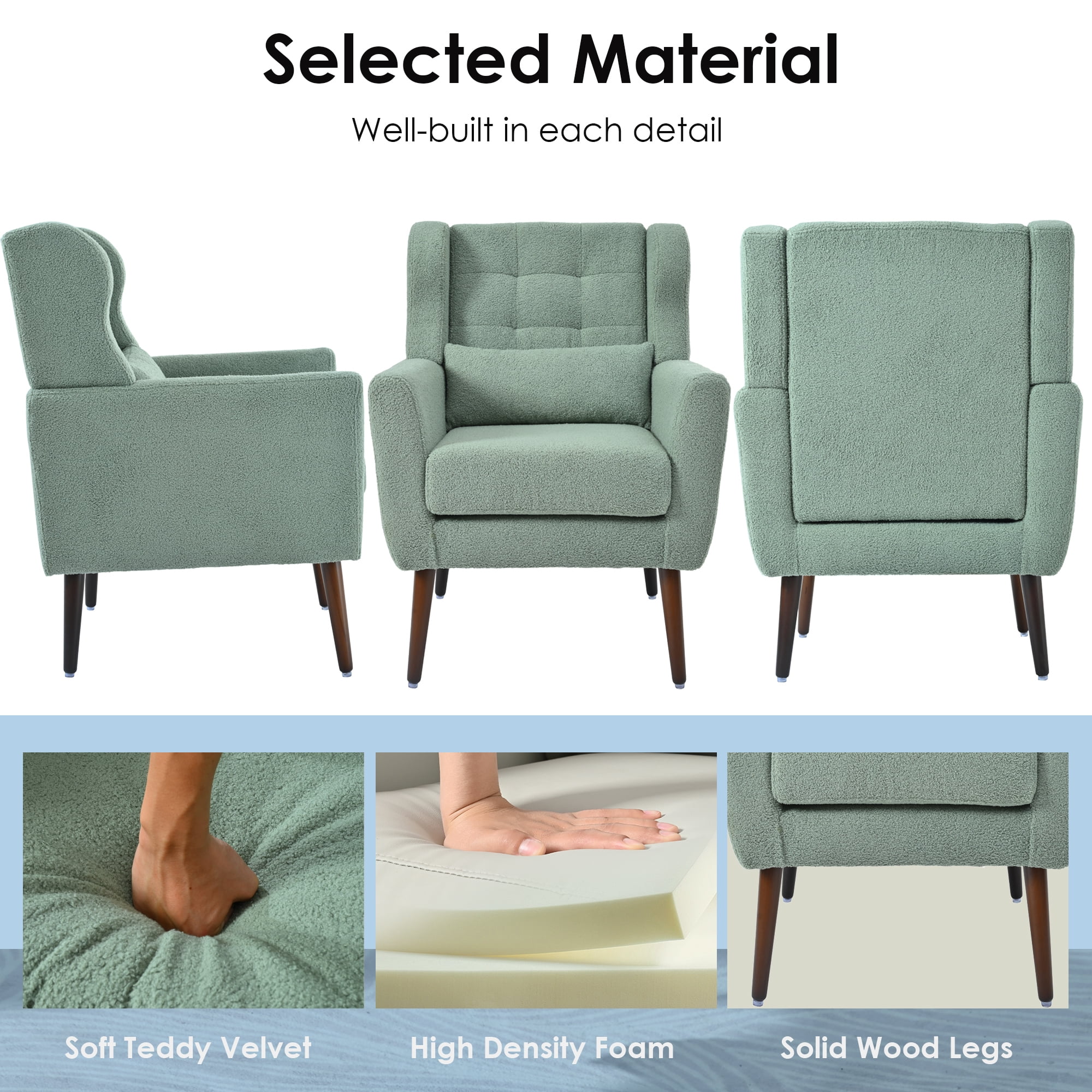 Leumius Modern Accent Chair with Solid Wood Leg, Teddy Armchair with Pillow, Comfy Soft Padded Lounge Chair for Small Space, Bedroom, Living Room Green