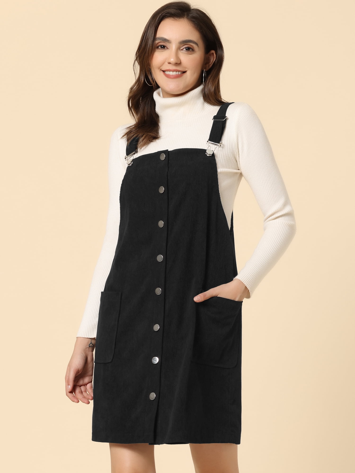 Unique Bargains Women's Corduroy Straps Pinafore Button Decor Overall Dress S Black
