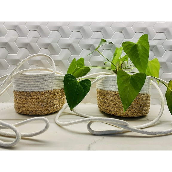 DecoPots - 2 Two Hanging Planter Rope Baskets - Holds Up to 7" Flower Pot - Woven Plant Jute and Cotton Cord Basket - Indoor Outdoor 7" x 8", Beige / White