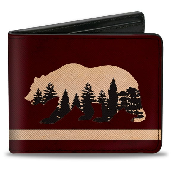 Buckle-Down Wallet, Bifold, Cali Bear Silhouette with Trees Stripe Burgundy Tan Black, Vegan Leather