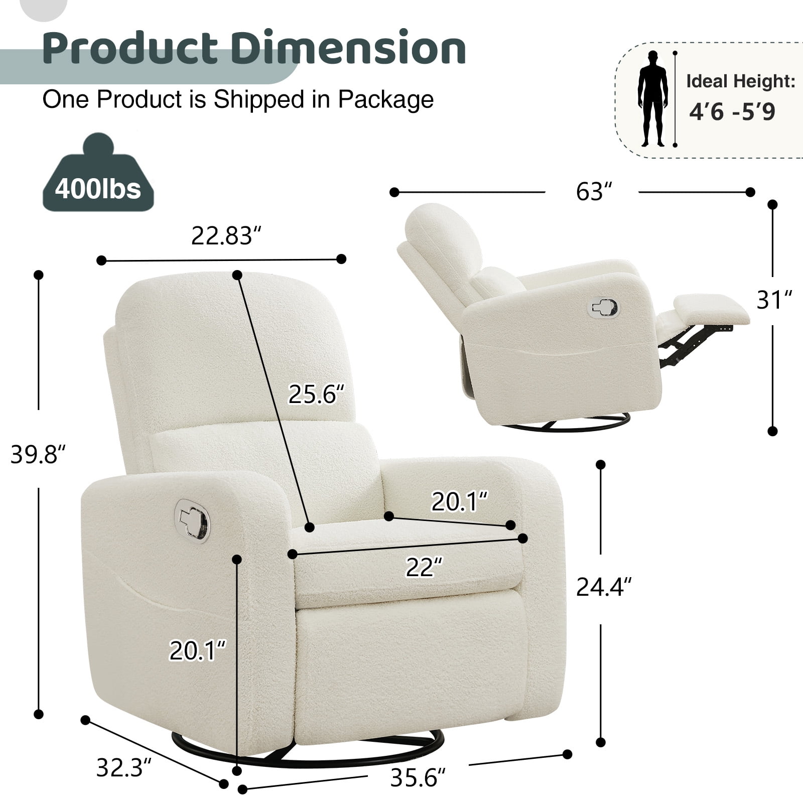 Aemeios Swivel Manual Recliner Chair Teddy Fabric Nursery Glider Rocker Recliner, White