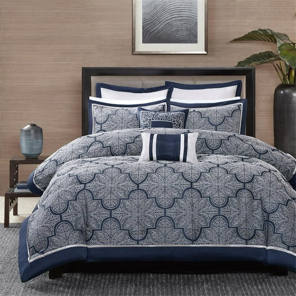 Madison Park Medina Queen 8-Piece Jacquard Comforter Set, Navy