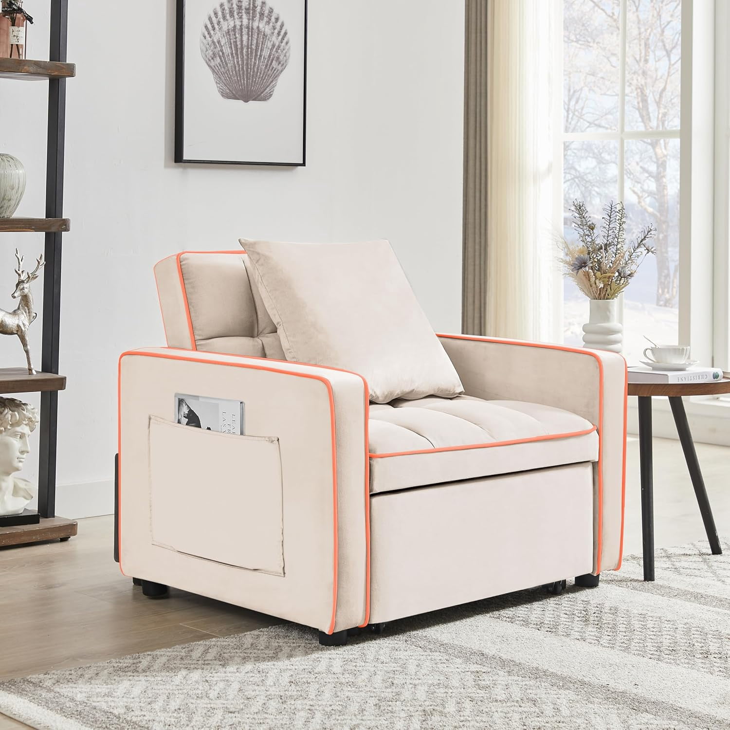 EPOWP Sleeper Chair, Pull Out Chair Sleeper with Adjustable Back & Pocket, Convertible Chairs Bed Sleepers for Adults, 3 in 1 Sofa Bed Chairs for Small Spaces, Living Room, White