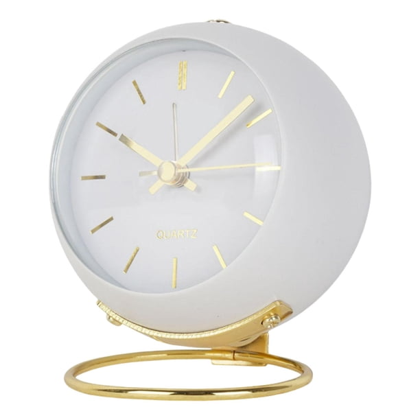Reloj despertador de cuarzo moderno de 15 dB, silencioso, diseño sencillo, con luz nocturna y batería. blanco