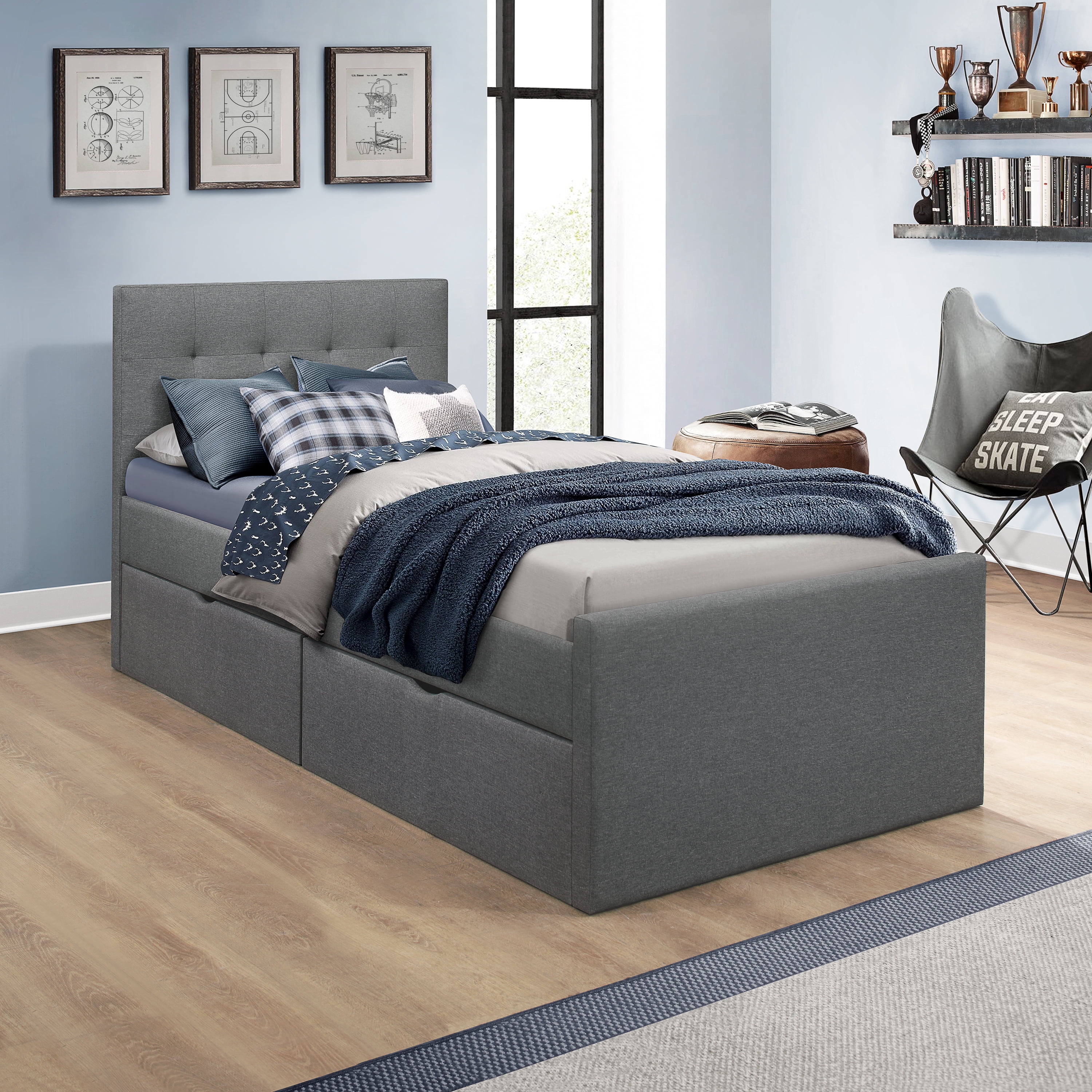 Emory Upholstered Kids Twin Platform Bed with 2 Storage Drawers, Gray, by Hillsdale Living Essentials