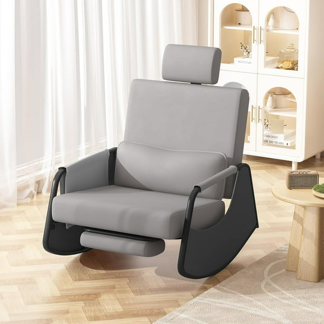 AECOJOY Fauteuil Berçant Inclinable avec Repose-Pieds Rétractable et Dossier Réglable, Fauteuil Berçant à Bascule Moderne en Tissu pour Salon Ou Chambre, Gris