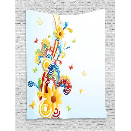 Butterfly Tapestry Wall Hanging - Abstract Home Decor Wall Hanging Tapestry, Funky Vertical Wave Pattern Butterfly Happiness Amusing Vintage Style Art, Bedroom Living Room Dorm Accessories, By Ambesonne