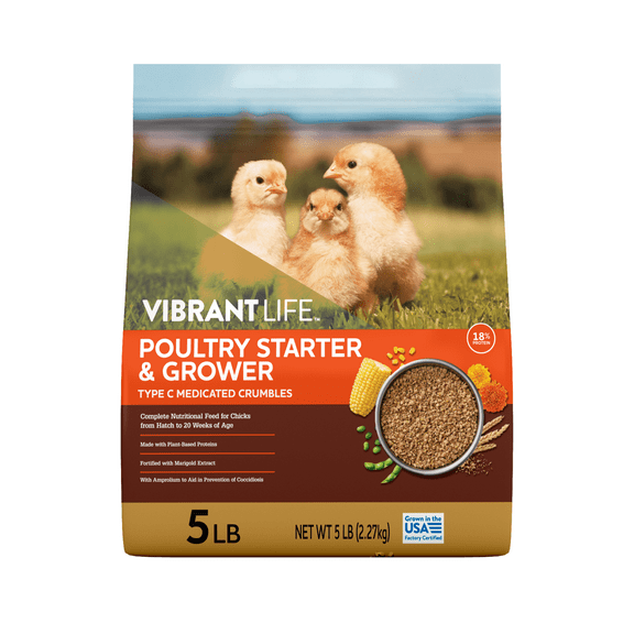 Vibrant Life Poultry Starter and Grower Type C Medicated Crumbles, 5 lb Bag