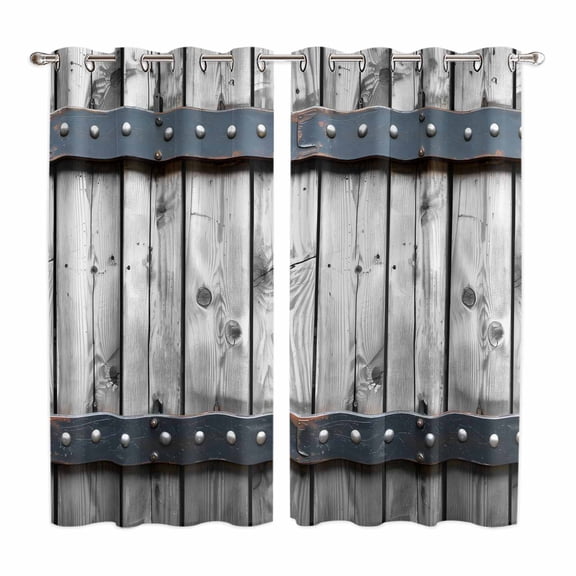 Grey Wood Grain Kitchen Curtains 63 Inch Length, Country Vintage Barn Door Rustic Lodge Grommet Top Bedroom Living Room Curtains, Light Filtering Cafe Curtain Drapes 2 Panels Set 84''x63''