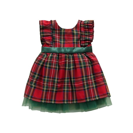 

AvoDovA Toddler Baby Girl Christmas Red Plaid Dresses Ruffle Sleeve Round Neck Back Bow Plaid Print Party Dress