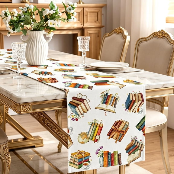 Artistic Book Table Runner, Elegant Book Table Cloth, Watercolor Book Print Decorative Table Runner For Dining Room Classroom Home Party Layout