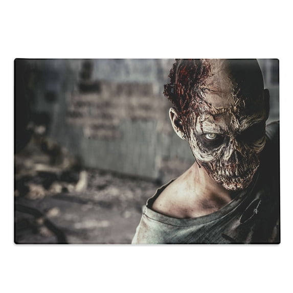 Zombie Cutting Board, Dead Person in Ruined House with Creepy Looking Murder Killing Scary Print, Decorative Tempered Glass Cutting and Serving Board, Large Size, Taupe Peach, by Ambesonne