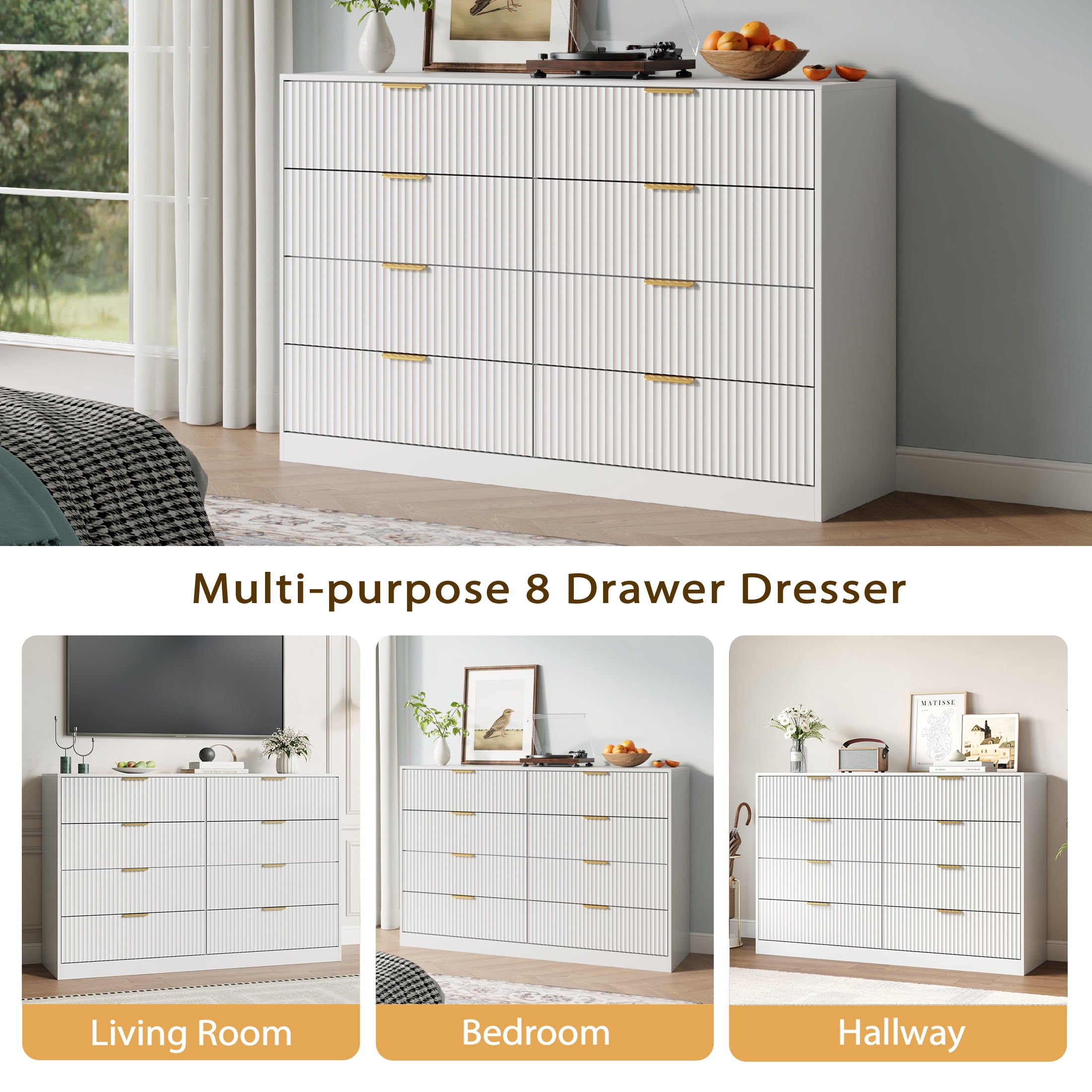 YouTrend White 8 Drawer Dresser with for Bedroom,Modern Adult Fluted Wood Chest of Drawer with Golden Embedded Handles for Living Room,Hallway