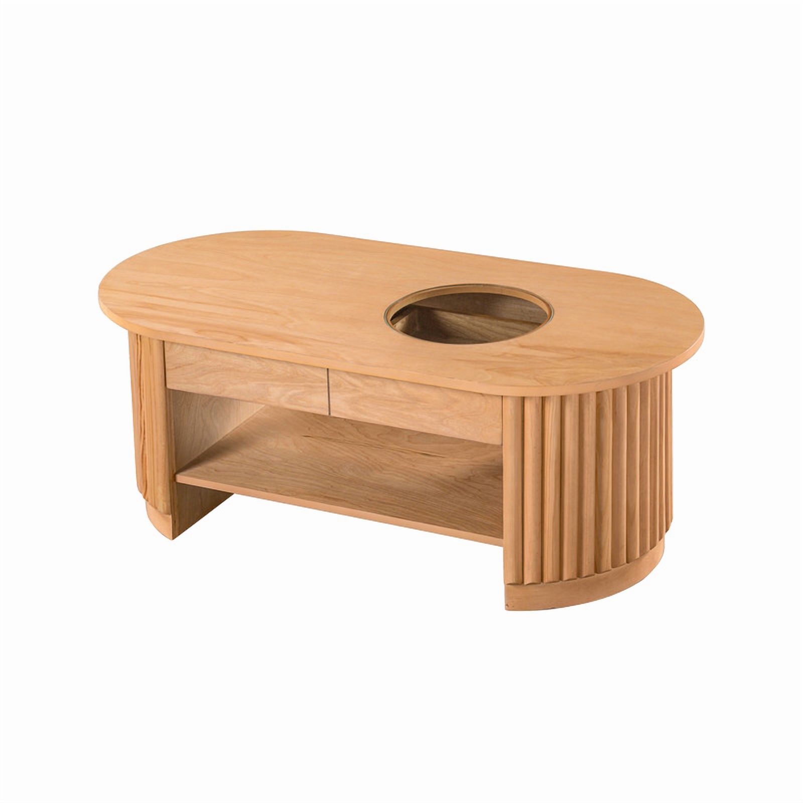 Mid-Century Modern Oval Coffee Table with Drawers & Tempered Glass Inset Top, 2-Tier Fluted Center End Table with Open Shelf