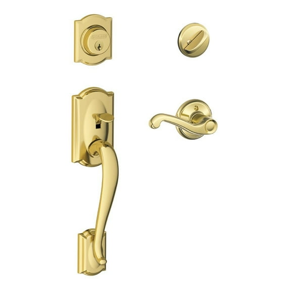 SCHLAGE Camelot Single Cylinder Handleset and Right Hand Flair Lever, Bright Brass F60 CAM 505 FLA 605 RH