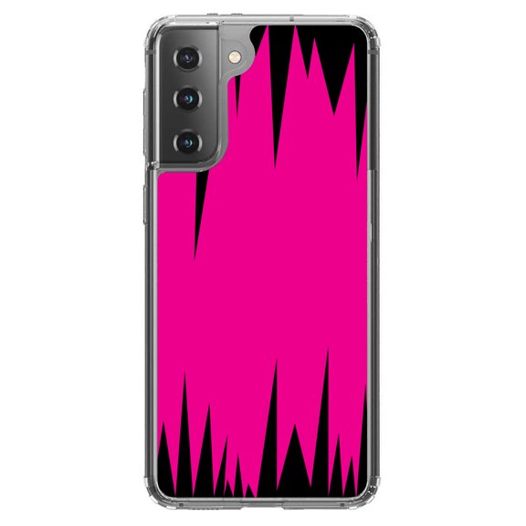 DistinctInk Clear Shockproof Hybrid Case for Galaxy S21  PLUS 5G (6.7" Screen) - TPU Bumper, Acrylic Back, Tempered Glass Screen Protector - Neon Pink Black Spikes