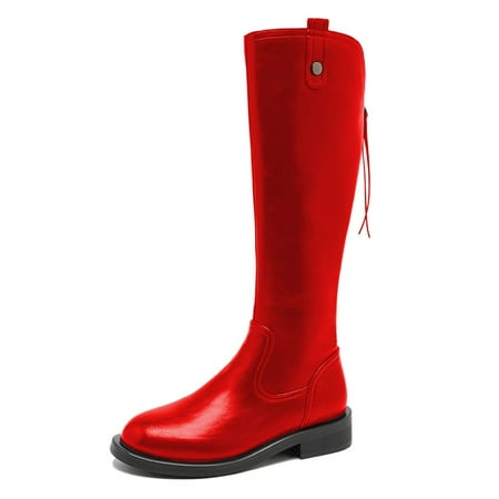 

YDN Women Basic Round Toe Flats Knee High Boots Back Zipper low Heel Riding Boots Warm Comfy Outfit Winter Shoes Size 10.5 Red