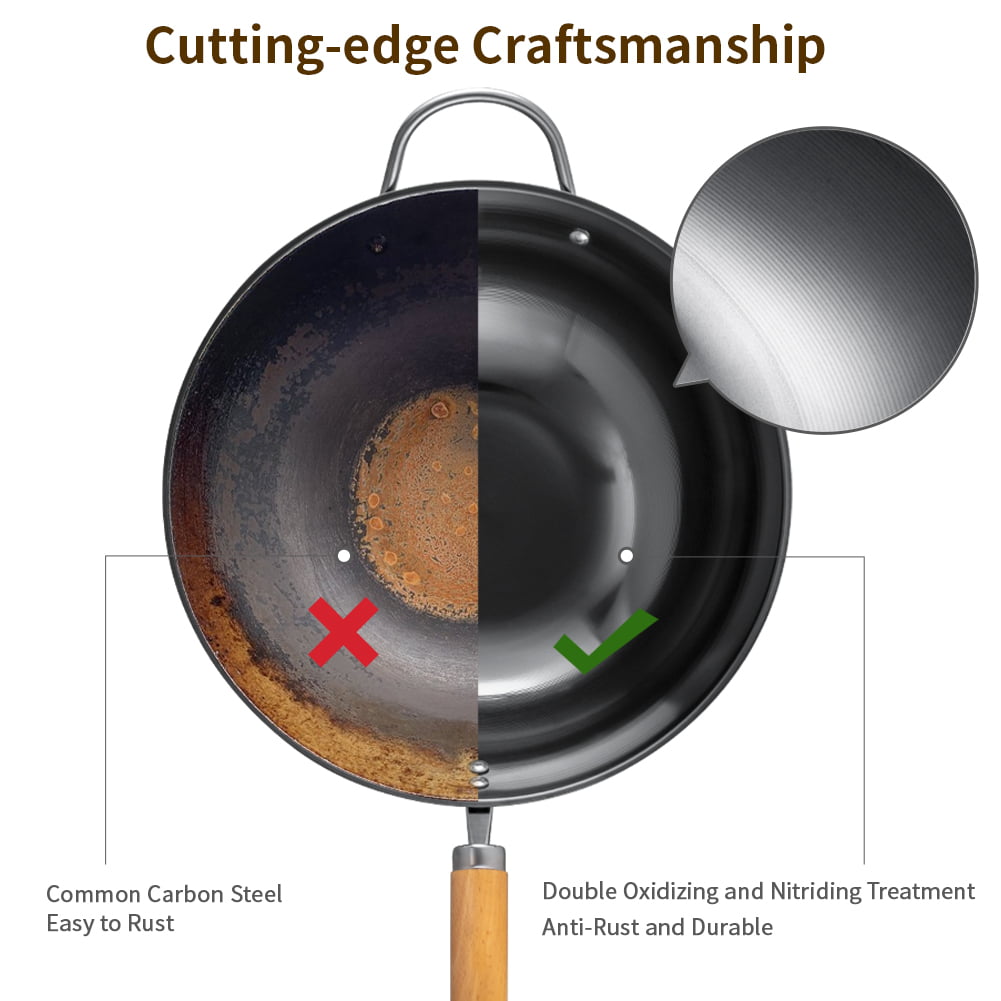 12 Inch Carbon Steel Wok Pan Stir Fry Pan With Wood Handle & Flat Bottom  GWK001A