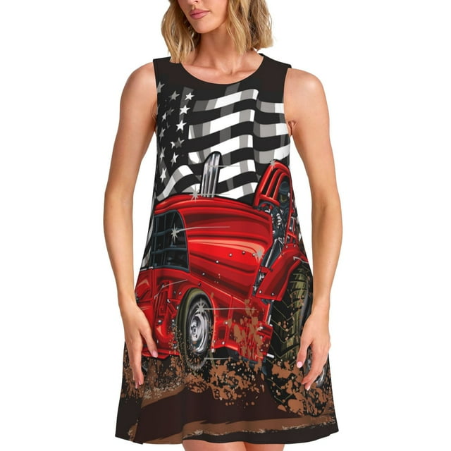 Vsdgher Robes d'Été Imprimé Tracteur pour Femmes Robe de Plage Décontractée Col en U Sans Manches Robe d'Été Ample avec Poche