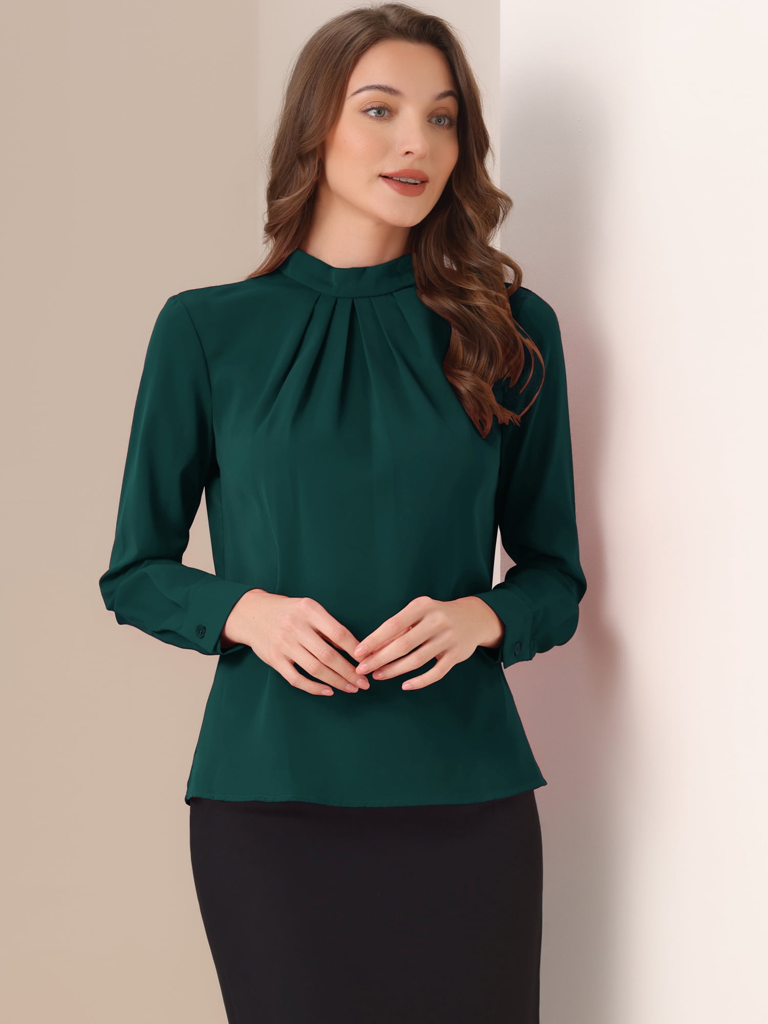 DARING DIVA Chiffon Blouse for Women's Long Sleeve Work Shirt S Dark Green