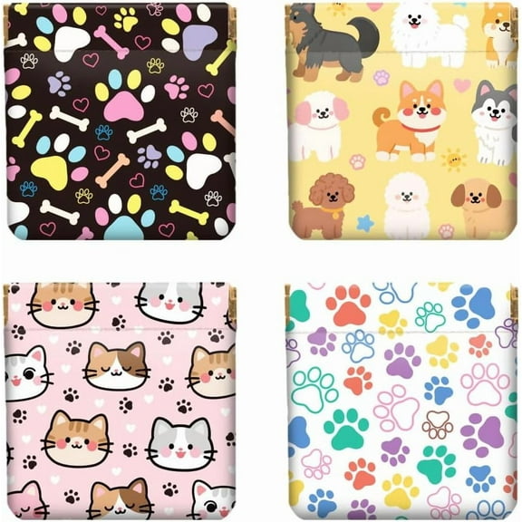 4Pcs Small Leather Squeeze Coin Purse for Women-cats and dogs Pattern Waterproof Durable Change Pouch Mini Money Wallet Best Gift for Adult Girls