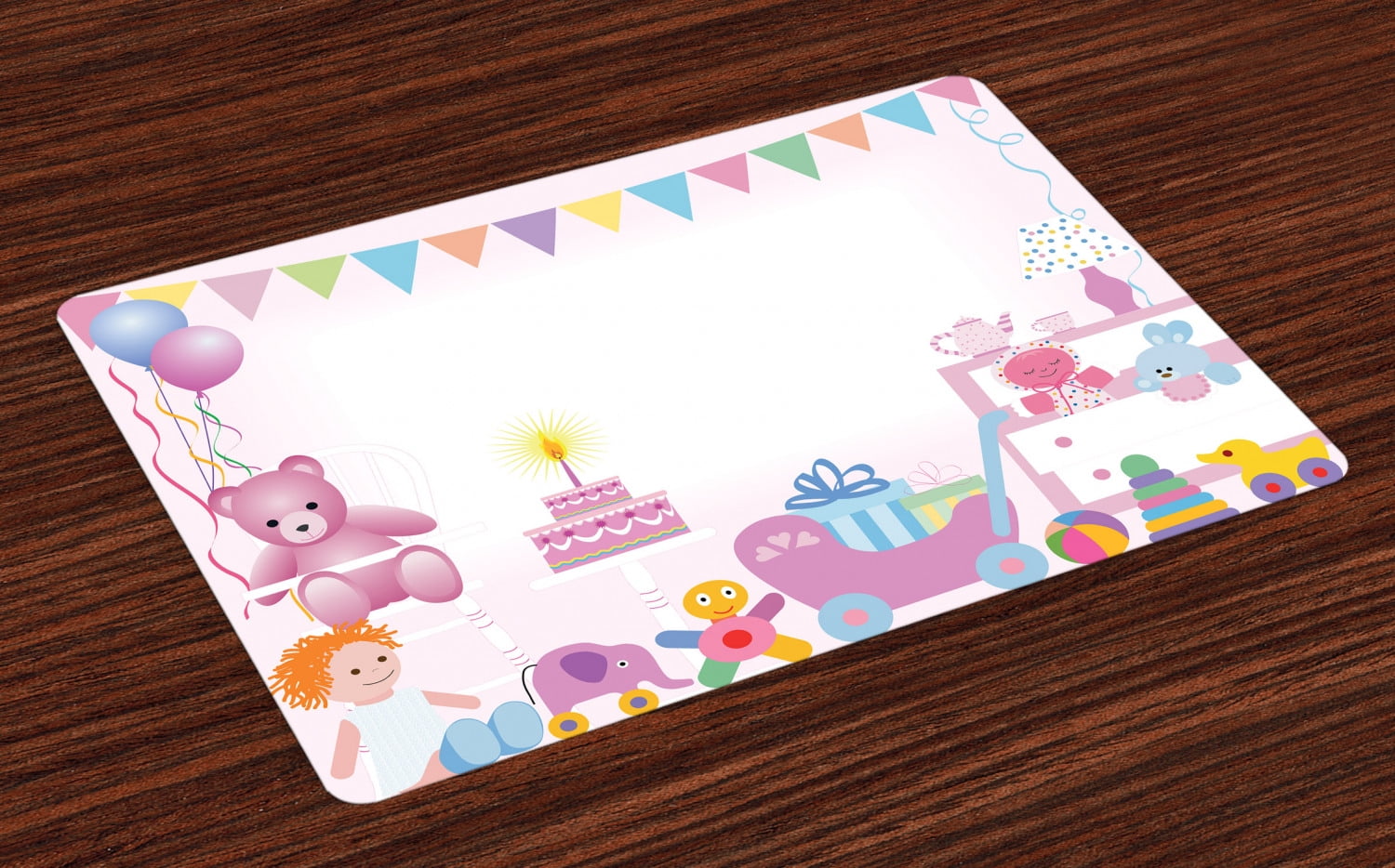 Kids Birthday Placemats Set of 4 Baby Girl Birthday Celebration Party with Flags and Bears Cute