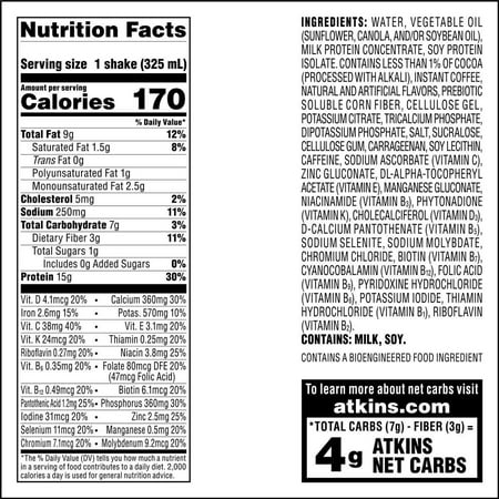 Atkins Gluten Free Protein-Rich Shake, Mocha Latte, Keto Friendly, 3/4ct Packs (Ready to Drink)