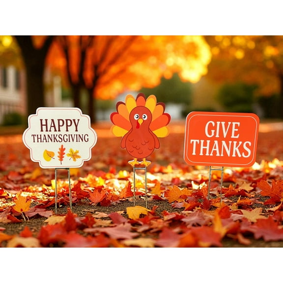 Thanksgiving Yard Stakes Set of 3 – PVC Turkey & Signs – Outdoor Fall Lawn Decorations – Weatherproof with Stakes