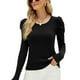 thumbnail image 1 of Suéter de punto de manga larga negro con cuello abullonado con volantes - Top elástico para mujer, talla L, 1 of 7