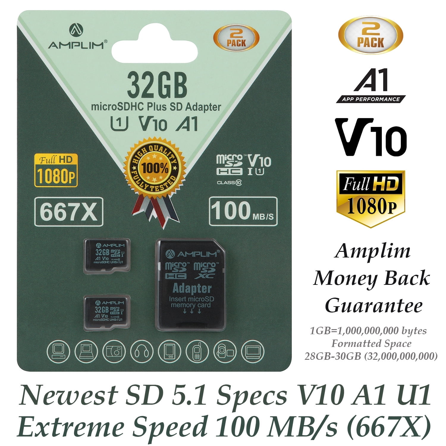 Amplim 32GB MicroSD Card, 2 Pack Micro SD Memory Plus Adapter, MicroSDHC Class 10 UHS-I U1 V10 TF