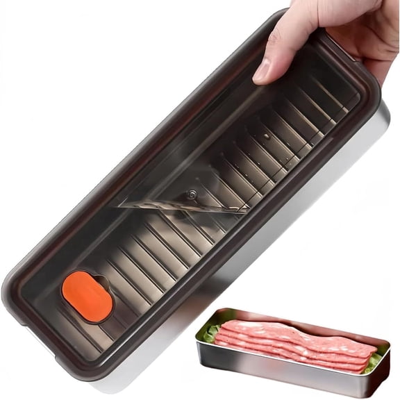 Bacon Container for Refrigerator, Bacon Storage Containers with Lids Airtight, Stainless Steel Airtight Deli Meat Storage Containers for Fridge, Long Container for Kitchen Food Storage (Gray Lid)