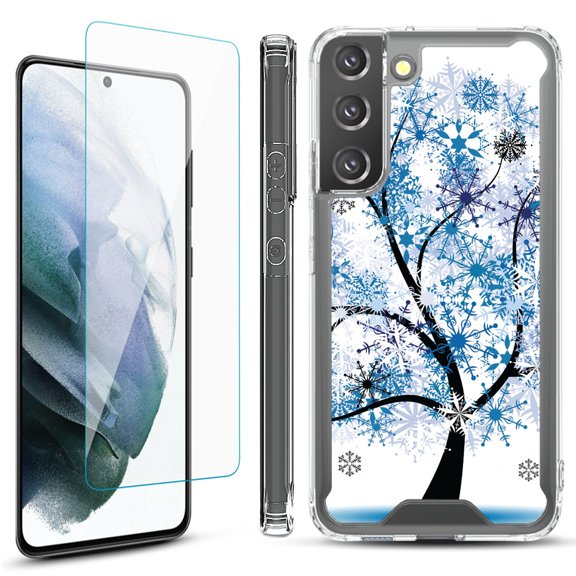 Shockproof Bumper Phone Case for Samsung Galaxy S22  / S22 Plus 5G, with Tempered Glass Screen Protector, by OneToughShield ® - Snowflakes Tree