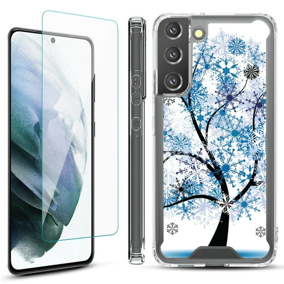 Shockproof Bumper Phone Case for Samsung Galaxy S22+ / S22 Plus 5G, with Tempered Glass Screen Protector, by OneToughShield ® - Snowflakes Tree