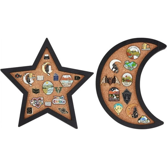 2pcs Star Moon Pin Board Cork Board Bulletin Display Board Wall Mounted Brooch Jewelry Display Board with Black Frame for Pin Collection Display Office Home and School Decor